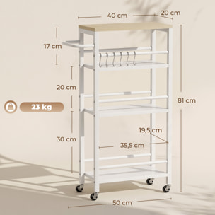 Carrito Auxiliar con Ruedas de 4 Niveles, Carrito de Cocina con Toallero y 6 Ganchos, Estrecho para Espacios Pequeños, Verduras, Frutas, para Comedor, 50x20x81 cm, Roble