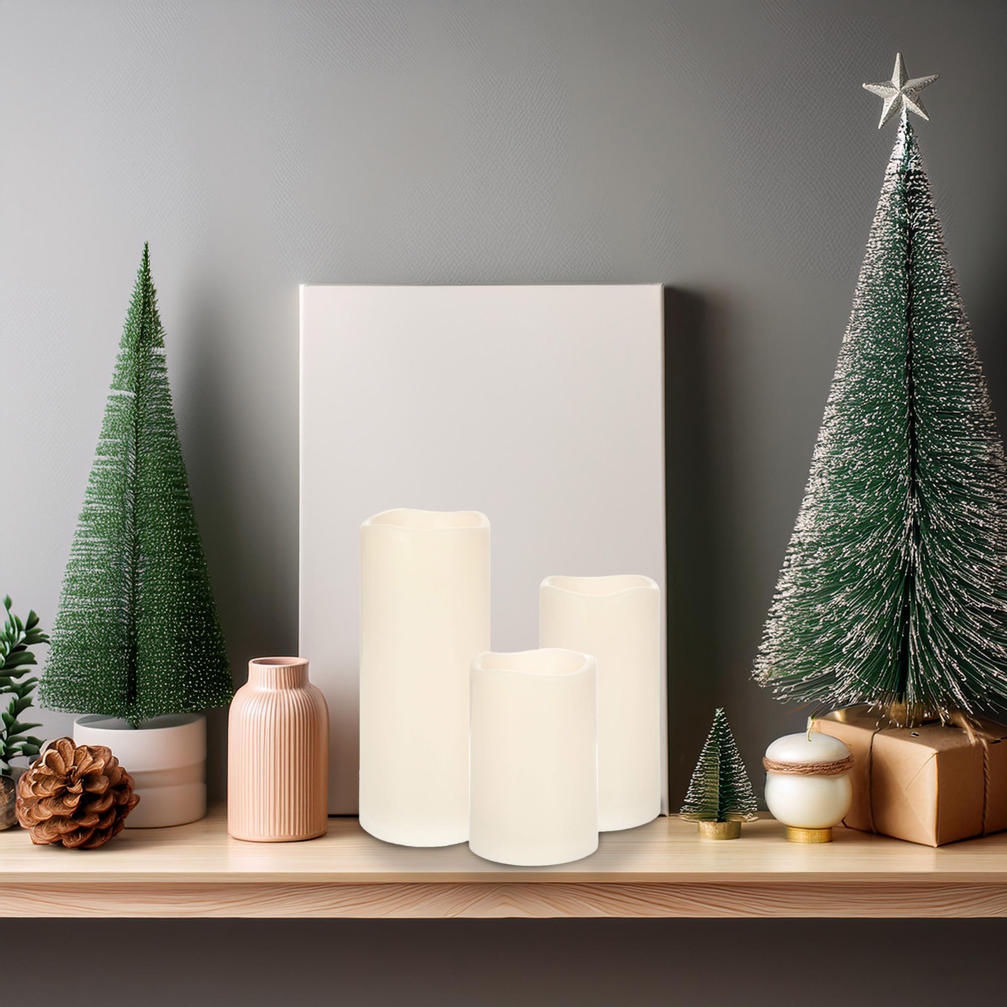 juego de 3 velas led tamaños diferentes y parpadenates con mando a distancia en color marfil