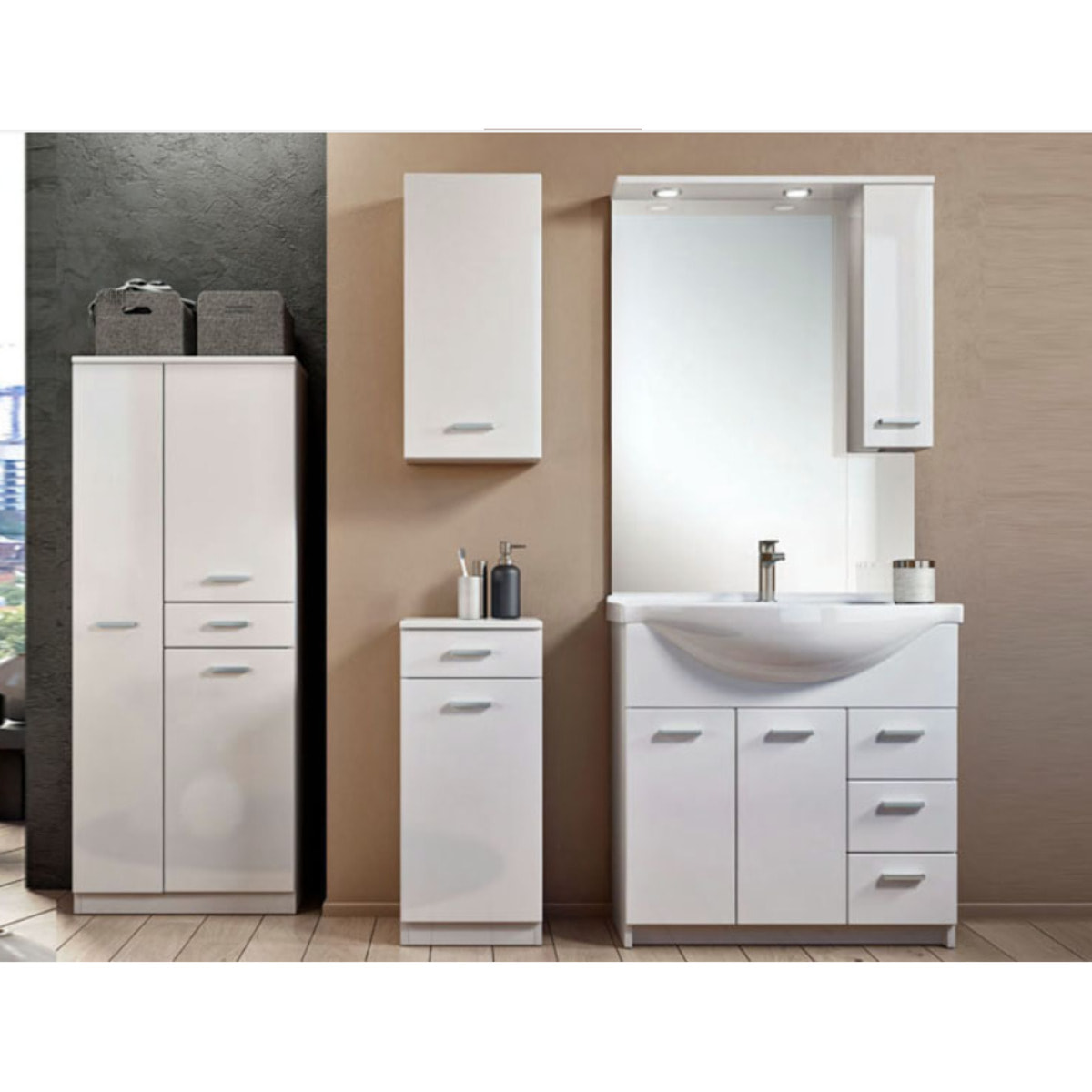 Mobile da bagno a due ante e tre cassetti e specchiera con pensile, Made in Italy, cm 105 x 50 x 191, colore Bianco