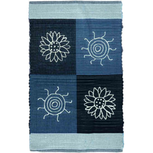 Tappeto SUMMER BLU disegno sole e fiori 100% cotone annodati a mano, passatoia stuoia cucina multiuso lavabile