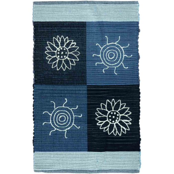 Tappeto SUMMER BLU disegno sole e fiori 100% cotone annodati a mano, passatoia stuoia cucina multiuso lavabile