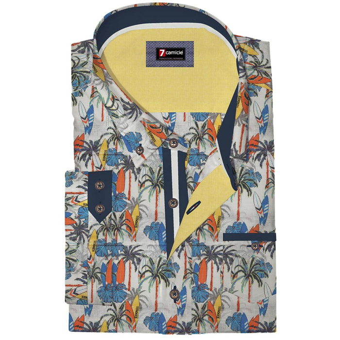 Camicia Uomo 1 Bottone Button Down Manica Corta Slim Cotone Stampato Bianco/Bluette