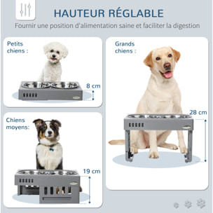 Gamelle double chien porte-gamelles surélevé pliable hauteur réglable 8/19/28 cm 2 gamelles acier inox. incluses gris