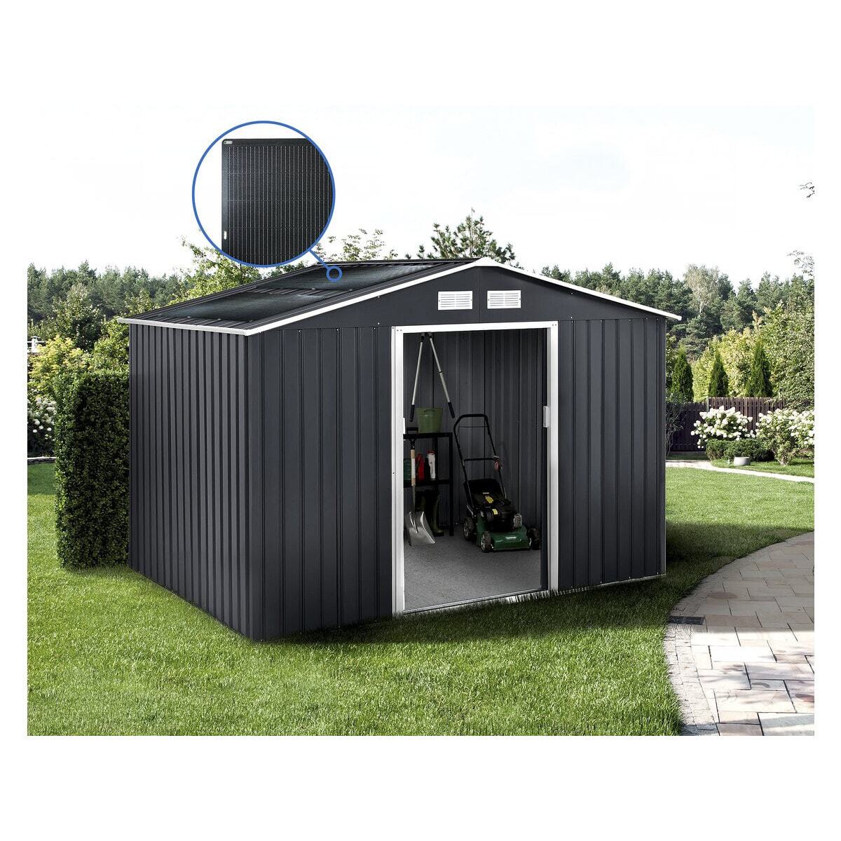 Abri de jardin métal - "Vegas" - 7.06 m² avec panneaux solaires - Gris