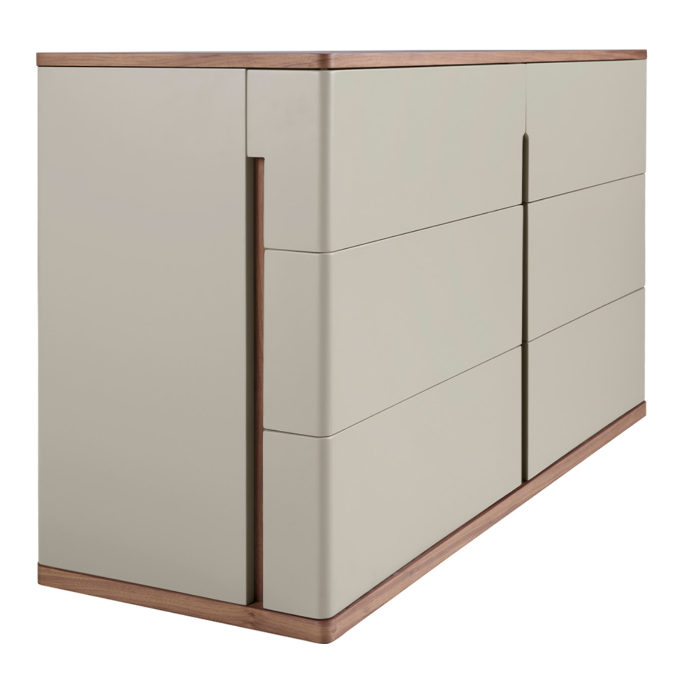 Cómoda Angel Cerdá con estructura de madera de MDF en gris y una original base de madera chapada en nogal 135x48x76cm