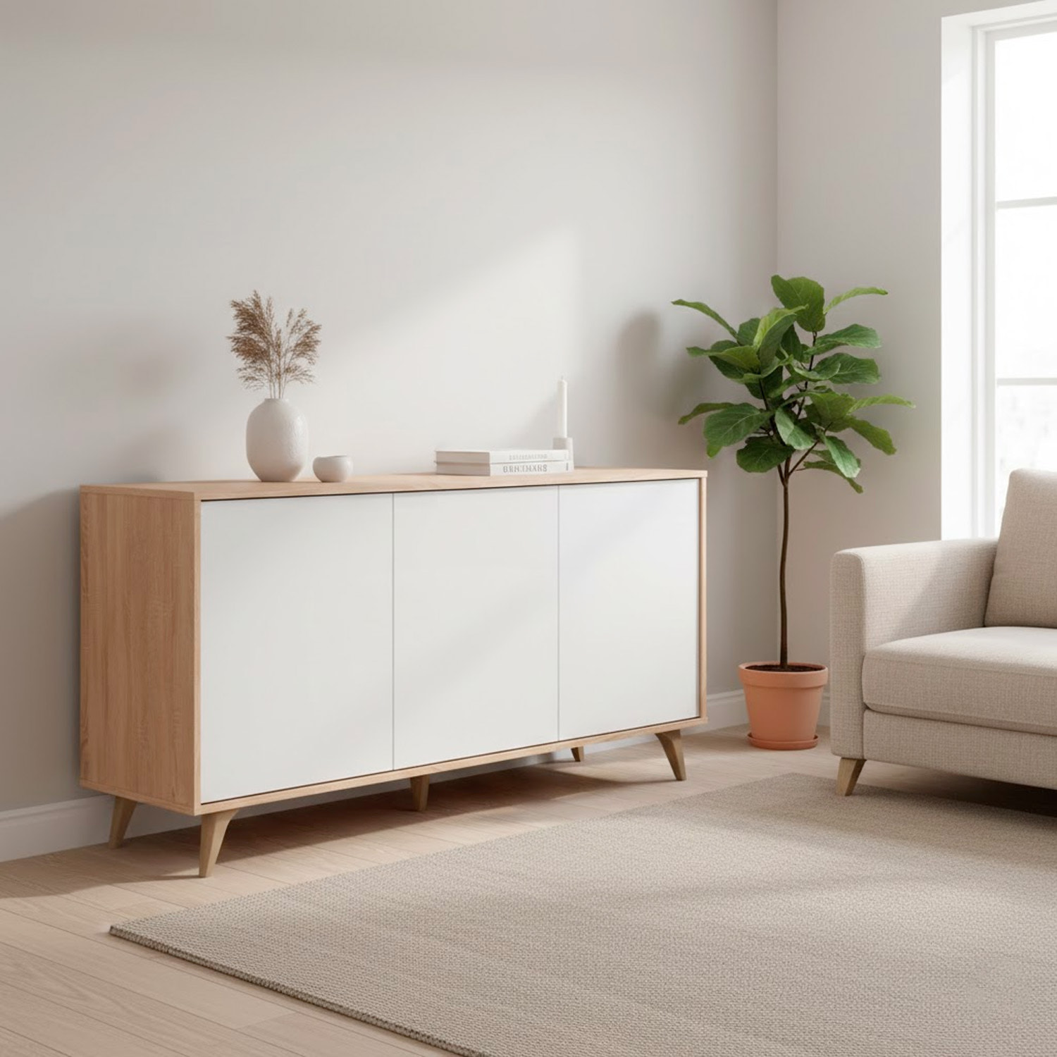 Credenza 3 Ante Con Apertura Push Madia Mobile Contenitore Moderno Con 6 Ripiani Interni Per Soggiorno Sala Da Pranzo 154 x 40 x 75 Cm Rovere Bianco