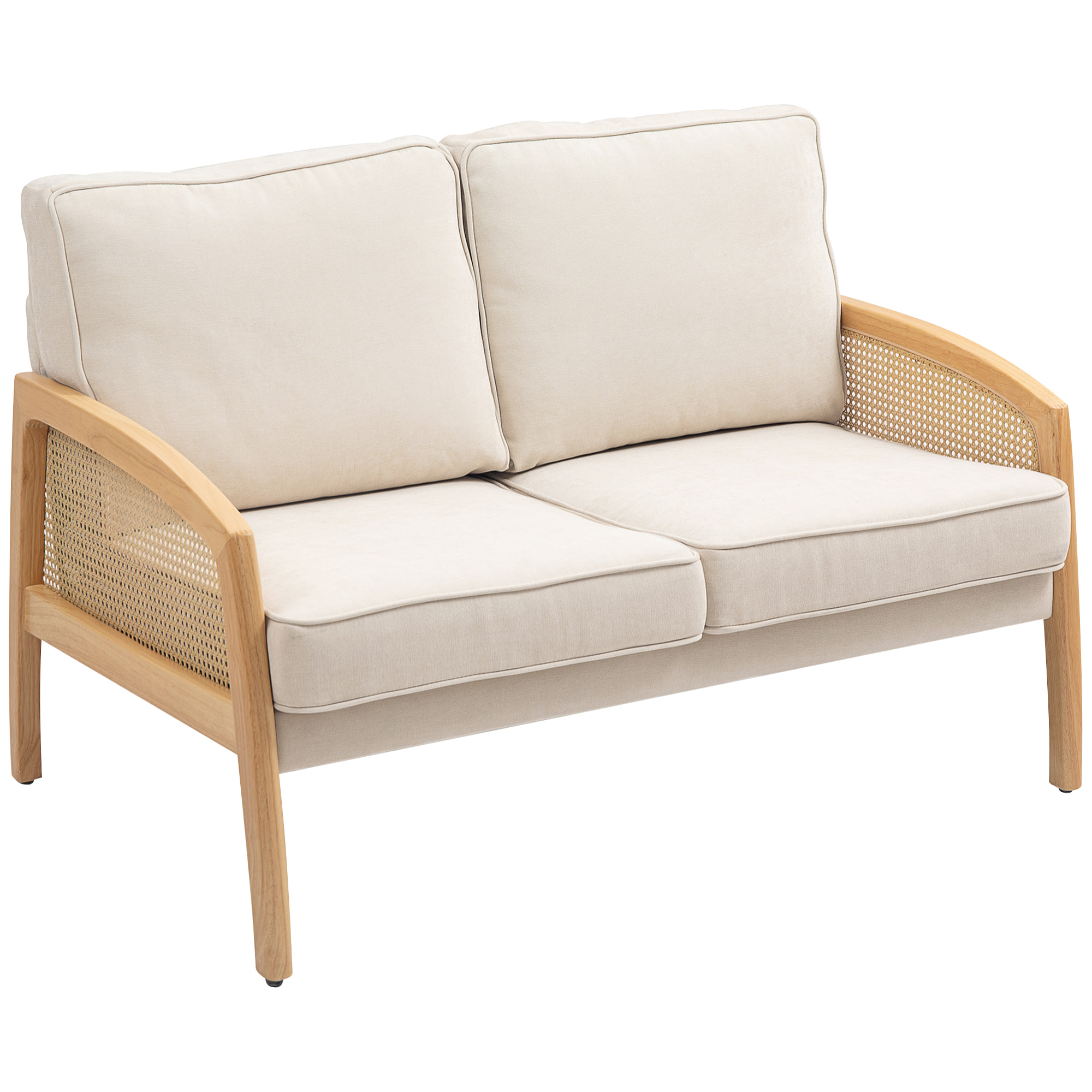 Sofá de 2 Plazas Tapizado en Chenilla Sofá de Salón con 2 Almohadas Lavables y Reposabrazos de Ratán Sintético Sofá Pequeño Carga 240 kg 123x75x88 cm Beige