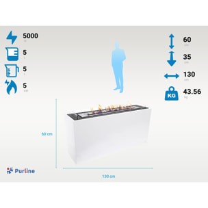 Grande cheminée à l'éthanol au sol en acier blanc et 3 brûleurs.