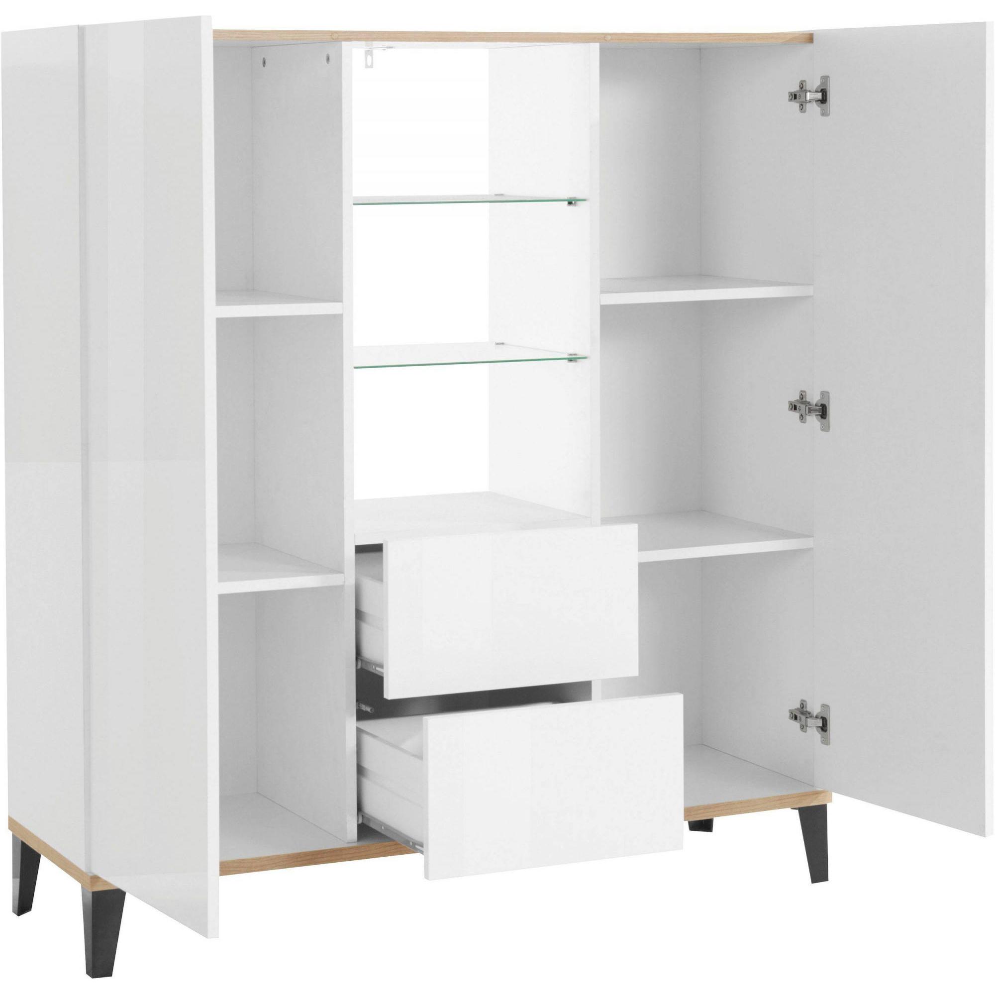 Credenza moderna a 2 ante e 2 cassetti, Made in Italy, Madia con ripiani, Buffet di design da ingresso, Cm 120x40h133, Bianco lucido e Acero