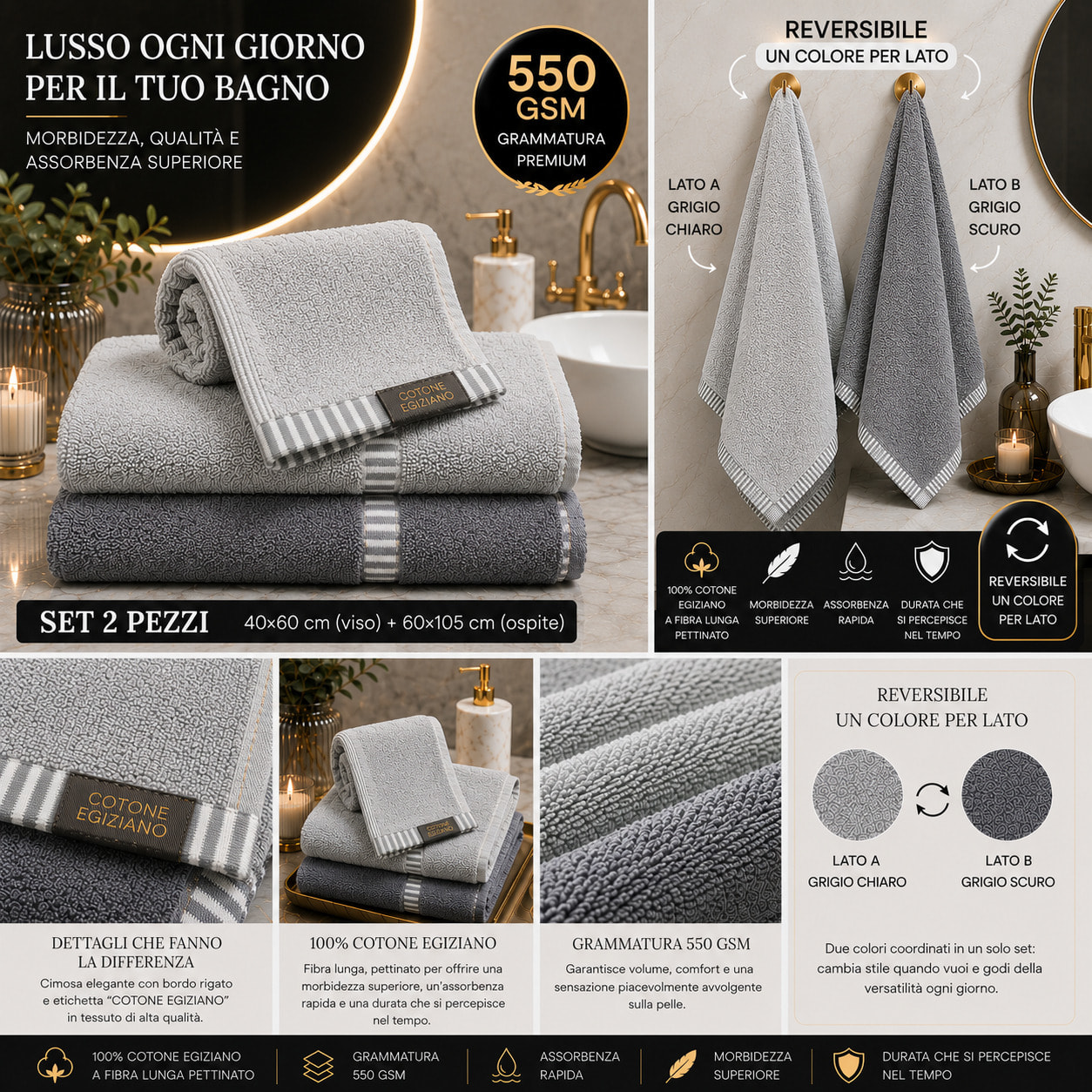 COTONE EGIZIANO Coppia asciugamani Reverse in cotone egiziano 550 gr_Grey