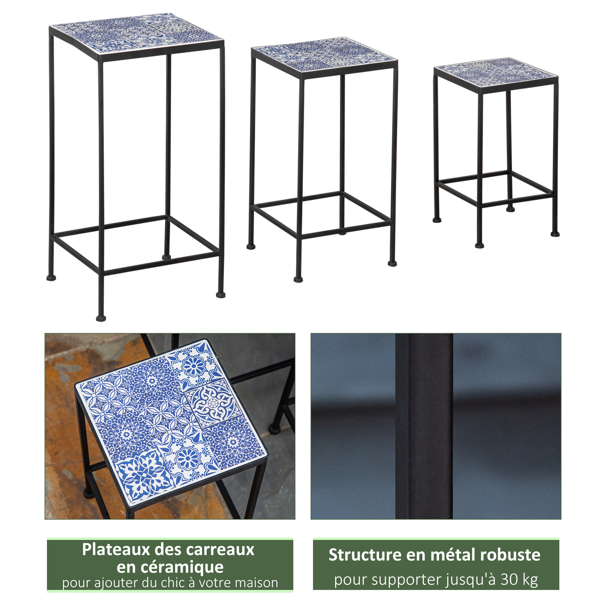 Support pots de fleurs 3 pièces - lot de 3 étagères à fleurs - portes plantes empilables - métal époxy plateaux carreaux céramique bleu