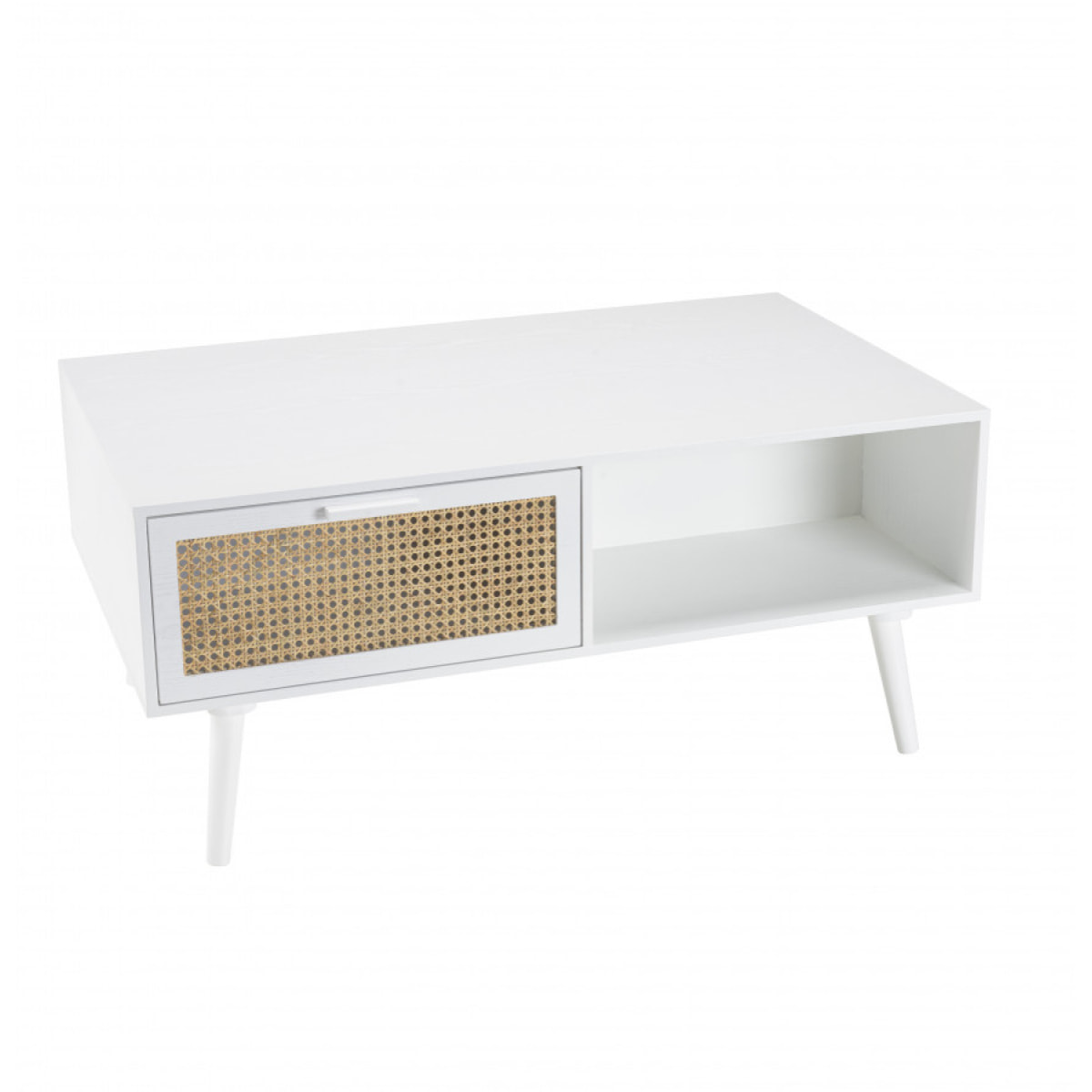 SANDRO - Table basse blanche 2 tiroirs 1 niche cannage naturel