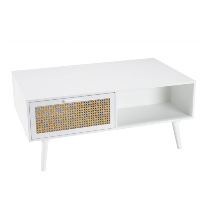 SANDRO - Table basse blanche 2 tiroirs 1 niche cannage naturel