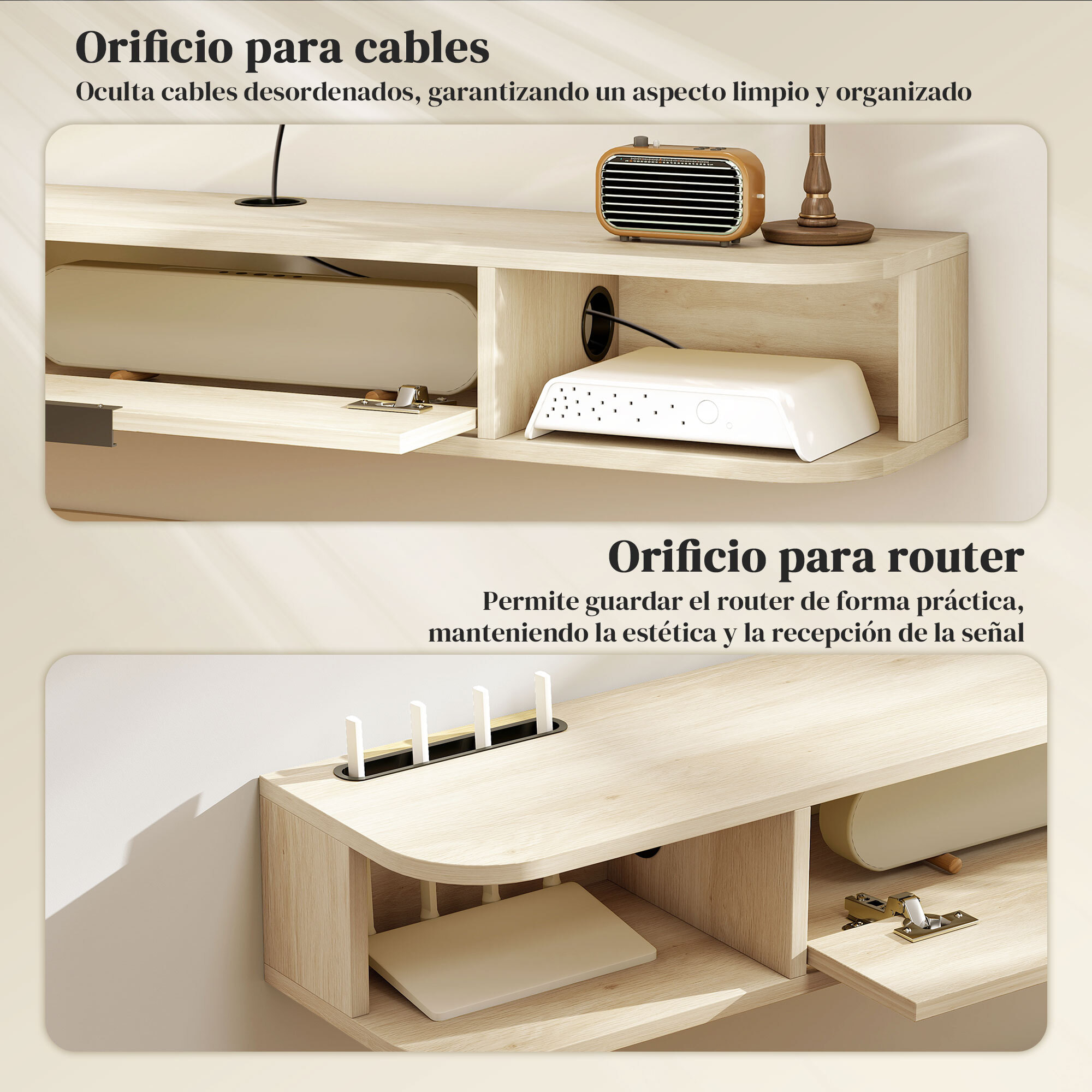 Mueble de TV Suspendido, Mueble de TV para Salón con Cajón Abatible, 2 Estantes Abiertos, Gestión de Cables, Estilo Moderno, para Televisión 50 Pulgadas, 120x24x16 cm, Madera Natural
