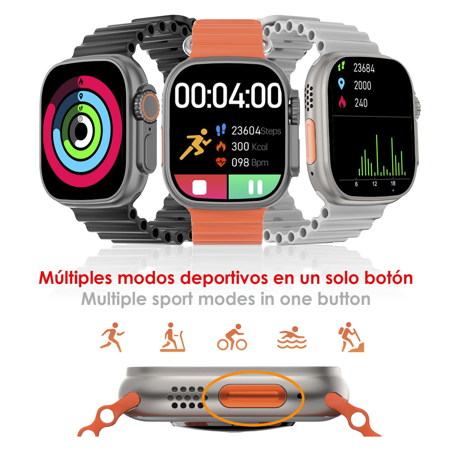 DAM Smartwatch DT8 Ultra con pantalla de 2.0 pulgadas HR y función Always-On display. Widgets personalizables. Correa Sea band. 4,8x1,3x4,3 Cm. Color: Plata