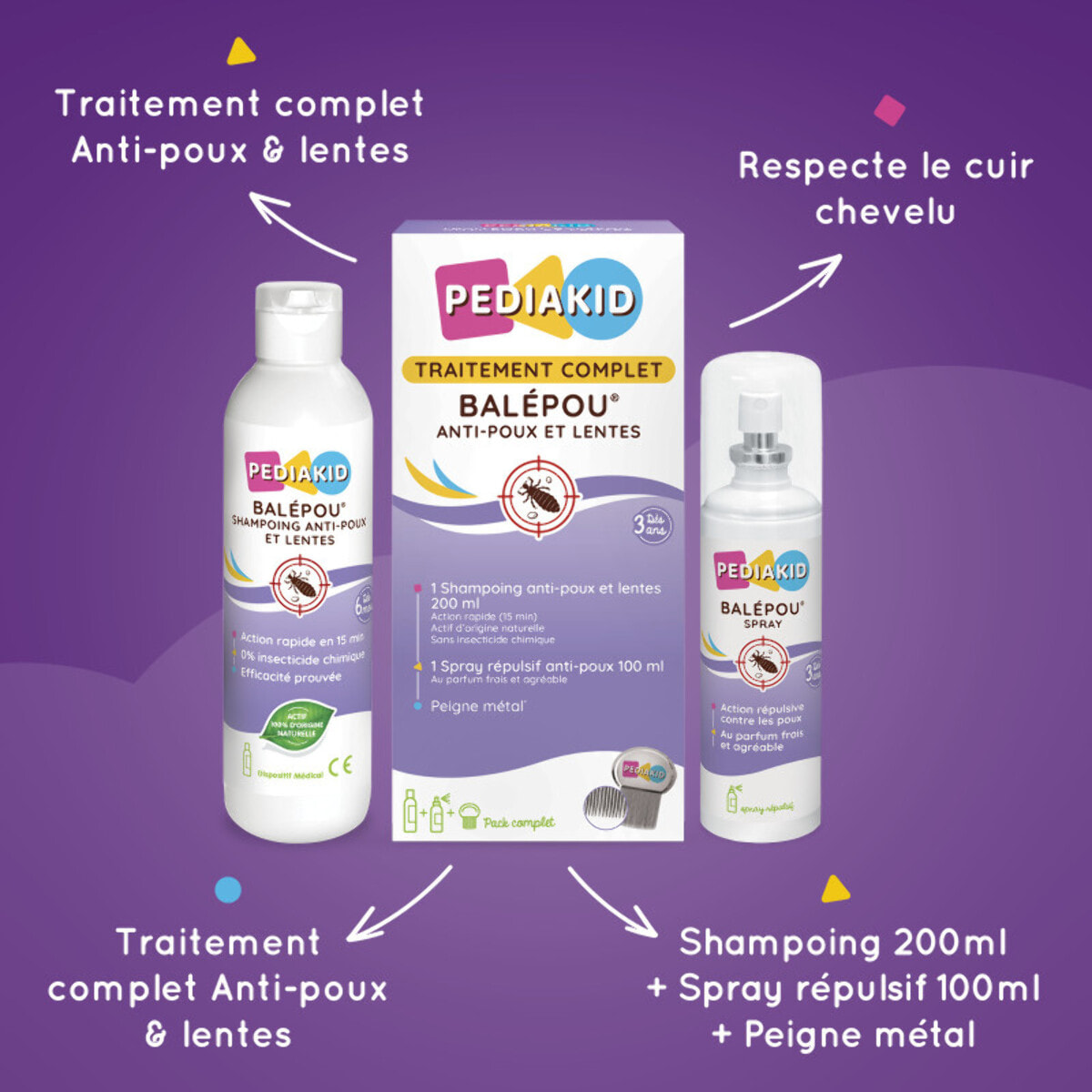 PEDIAKID - Traitement complet Balépou anti-poux et lentes - 1 Shampoing Anti-Poux et Lentes 200 ml + 1 Spray Répulsif 100 ml + 1 peigne - Lot de 3
