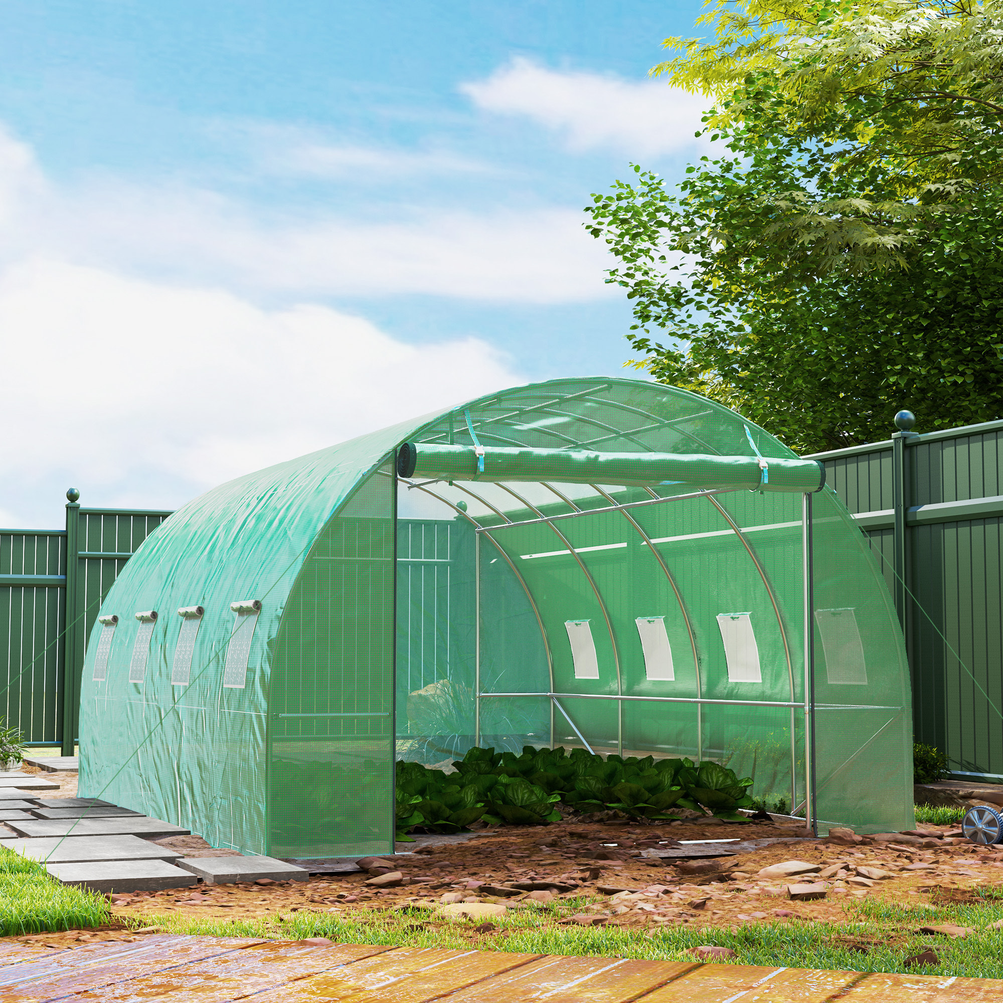 Serre de jardin 12 m² - porte zippée enroulable, 8 fenêtres - acier galvanisé PE haute densité 170 g/m² vert