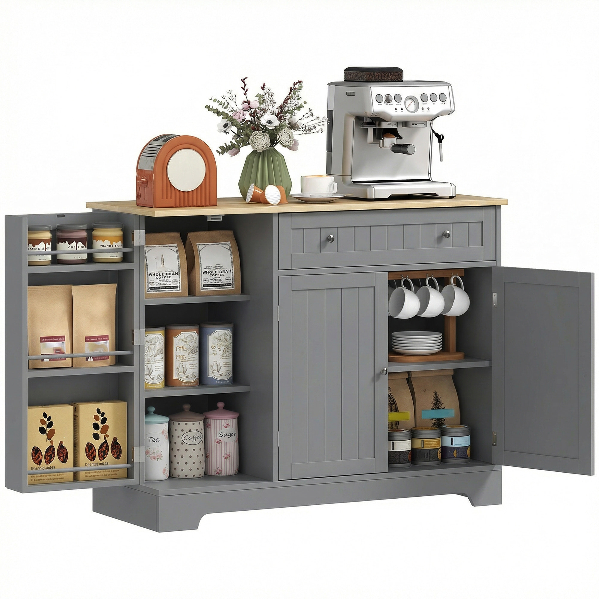 Aparador de Cocina, Armario de Cocina con 3 Estantes de Puerta, 1 Cajón, Estantes Ajustables, Aparador para Comedor, 105x40x83 cm, Gris