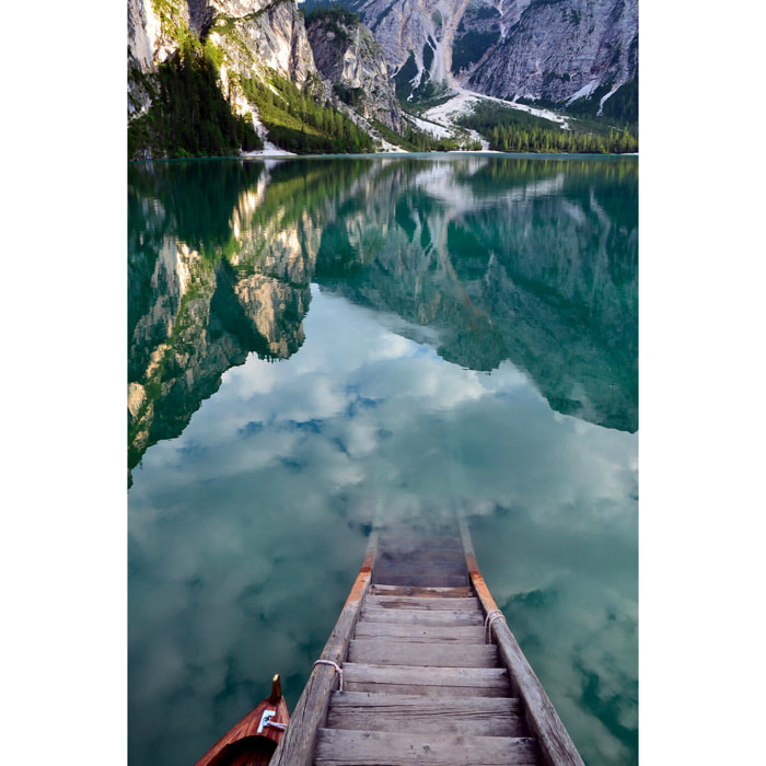 Paysage montagne lac barque dans les dolomites  Tableau plexiglas