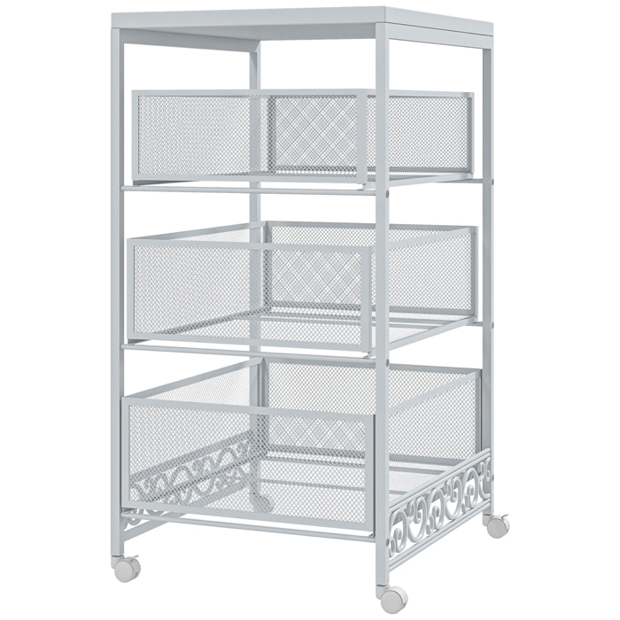 Carrito Auxiliar con Ruedas Carrito de Almacenamiento de 3 Niveles con 3 Cesta de Almacenamiento para Salón Comedor Cocina Baño 34x29,5x57,5 cm Blanco