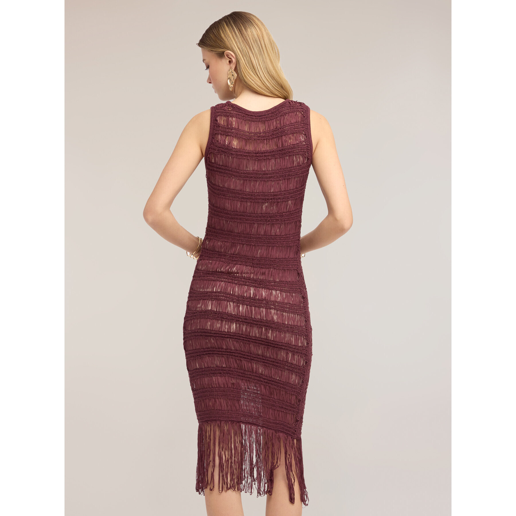 Motivi - Vestito tubino in maglia macramé con frange - Viola