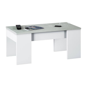 Tavolino da salotto Oceanside, Tavolino da caffè con piano elevabile, Tavolo basso da soggiorno, cm 100x50h45/56, Bianco e cemento