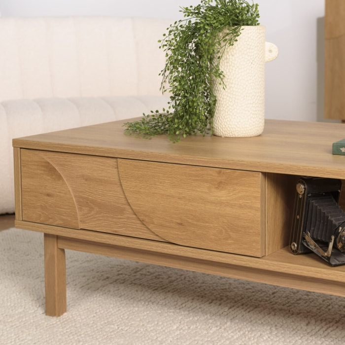 ETHAN - Table basse couleur naturelle 2 tiroirs 2 niches décor motif arrondi