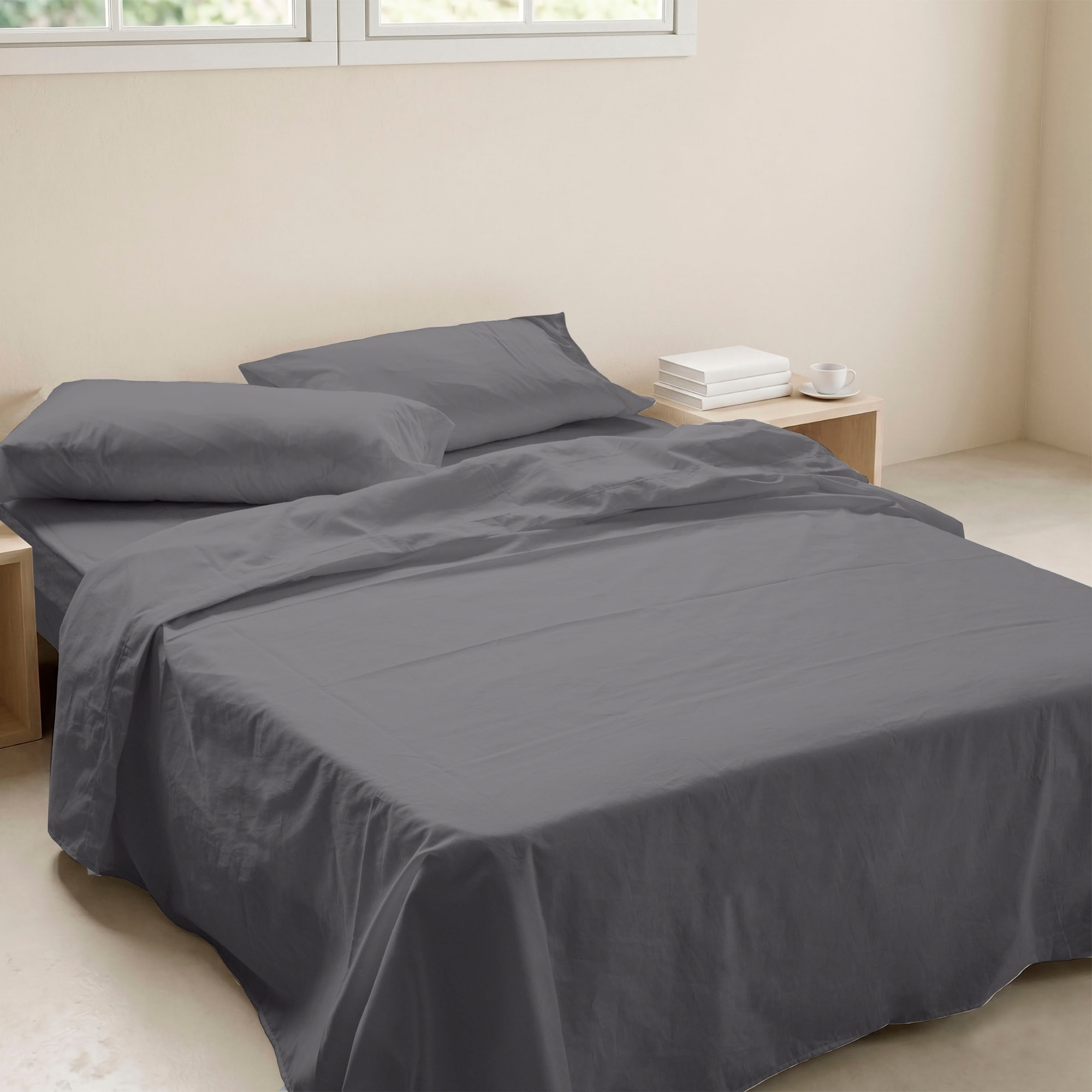 Juego de Sábanas Lisas - 100% Microfibra - Incluye 1 o 2 Fundas de Almohada + 1 Sábana Bajera - Gris 7