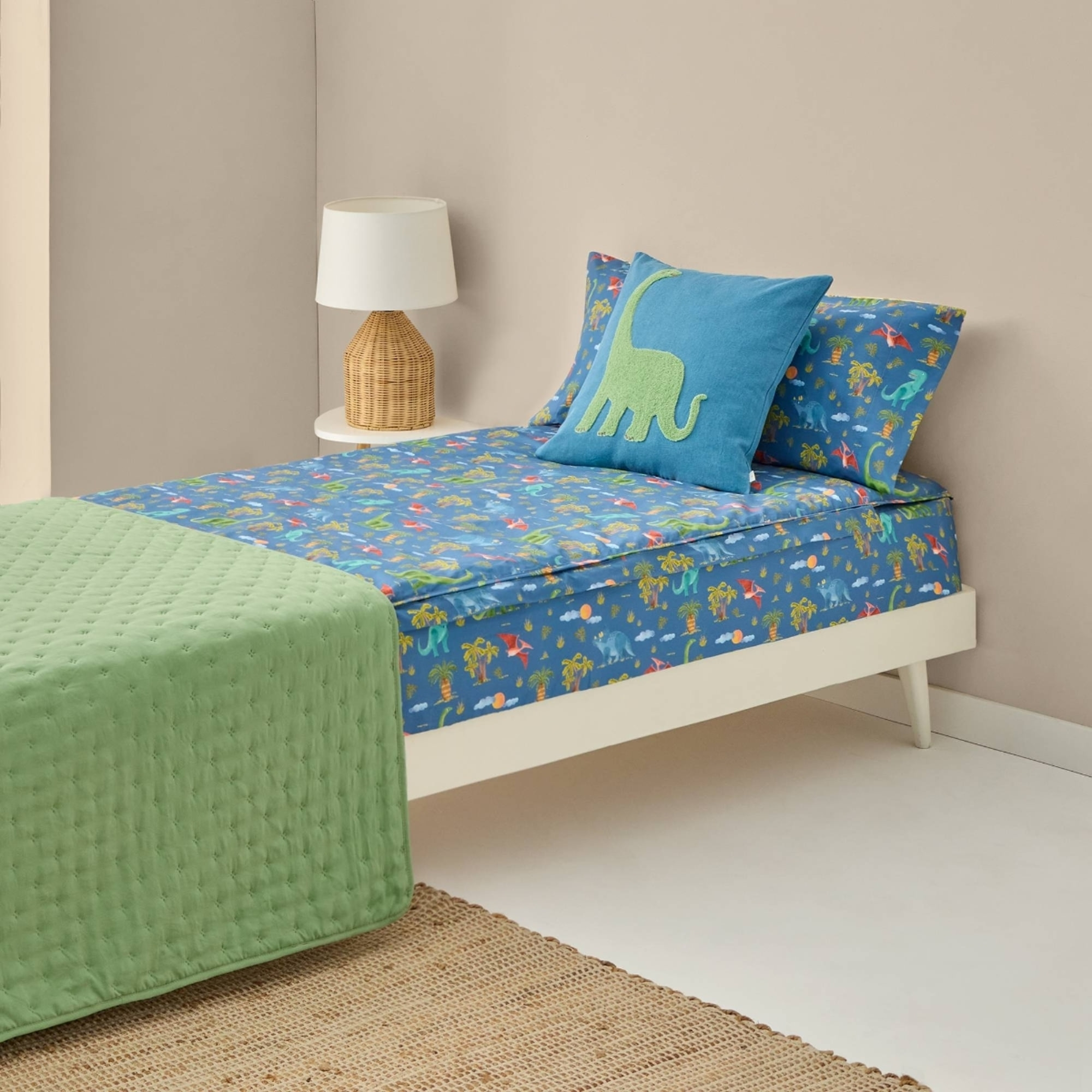 Saco de dormir de algodón percal 180 hilos estampado dinosaurios Dinis color azul 100% Algodón percal