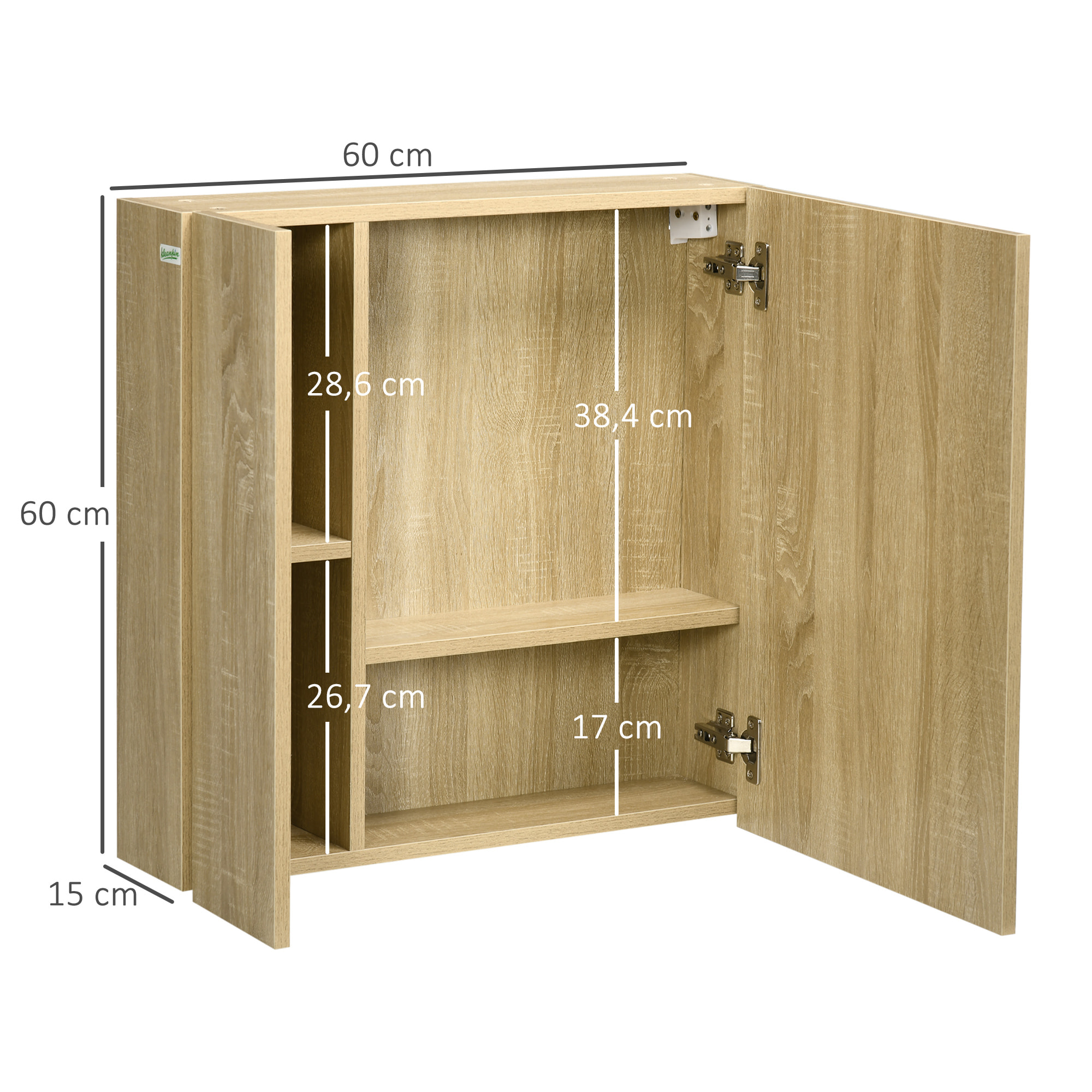 Armoire miroir de salle de bain - 2 portes, 2 étagères - kit installation murale fourni - panneaux aspect chêne clair