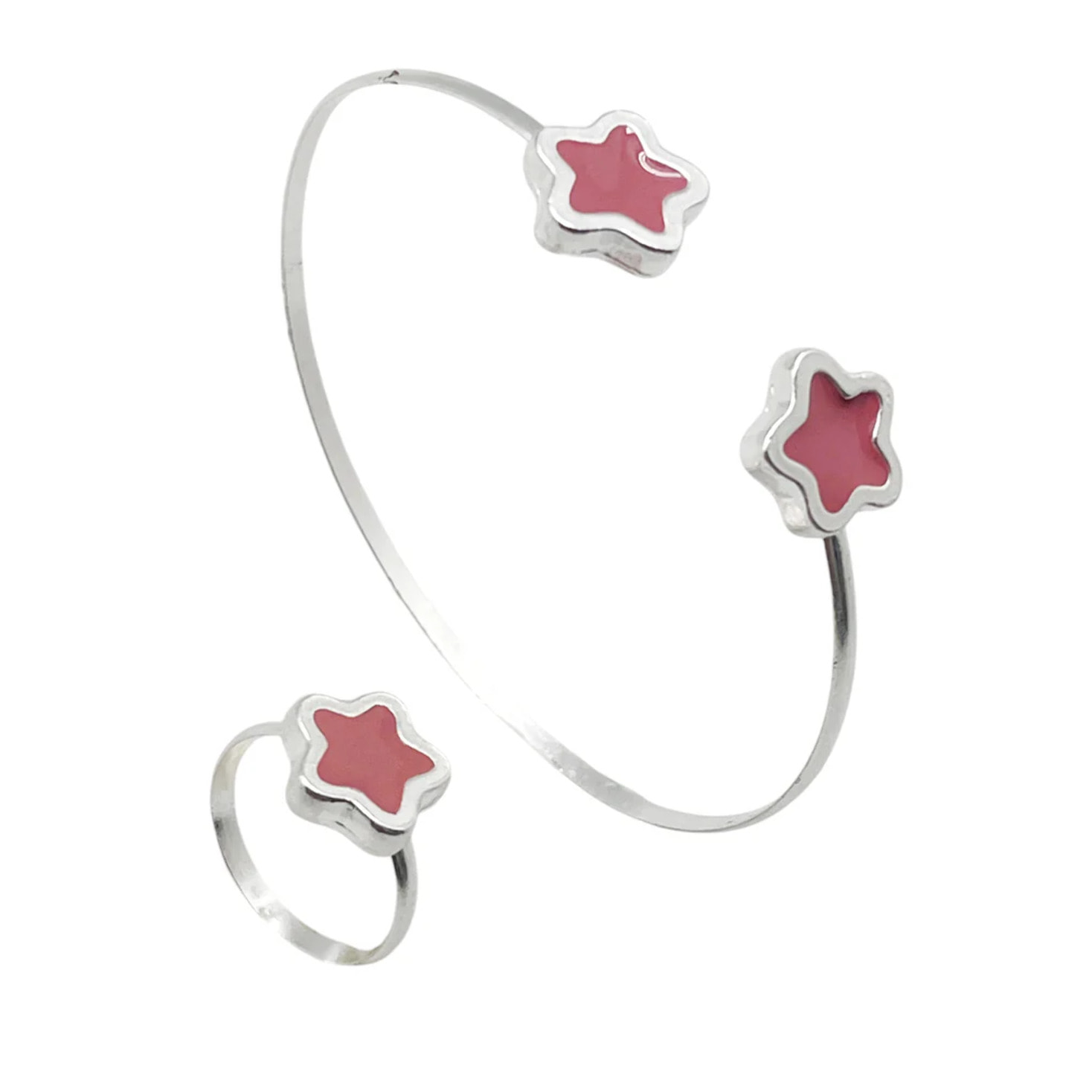 Conjunto Colors Flor Pulsera y anillo plata 10µ Rosa