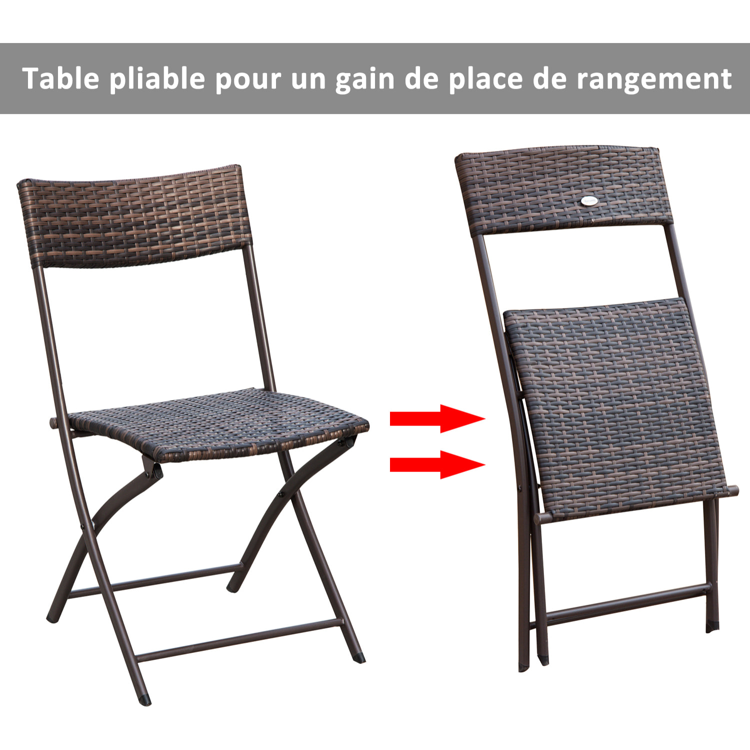 Ensemble salon de jardin 2 places table ronde pliable plateau verre trempé chaises pliantes résine tressée chocolat