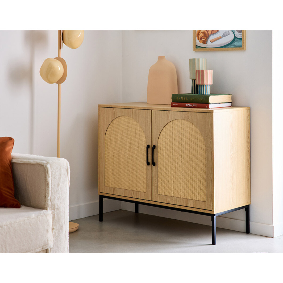 Nagato - buffet bas - cannage et effet bois - 2 portes - 100 cm - Bois / Noir