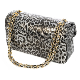 Caeli bolso de hombro Mujer. Piel auténtica Gamuza acolchada, animal print leopardo, lacado brillante.