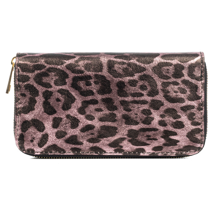 Avegno portafoglio donna, in vera pelle scamosciata con stampa animale leopardata lucida.