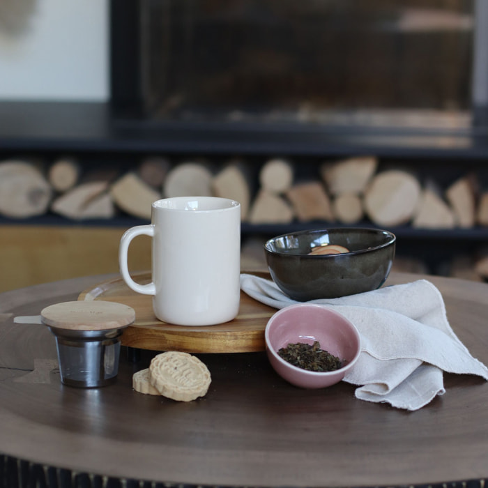 Tisanière en grès crème avec couvercle en bois 350ml ANNA
