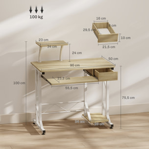 HOMCOM Mesa de Escritorio Mesa de Estudio con Bandeja de Teclado y Cajón Mesa de Ordenador para Despacho Oficina 90x50x100 cm Roble