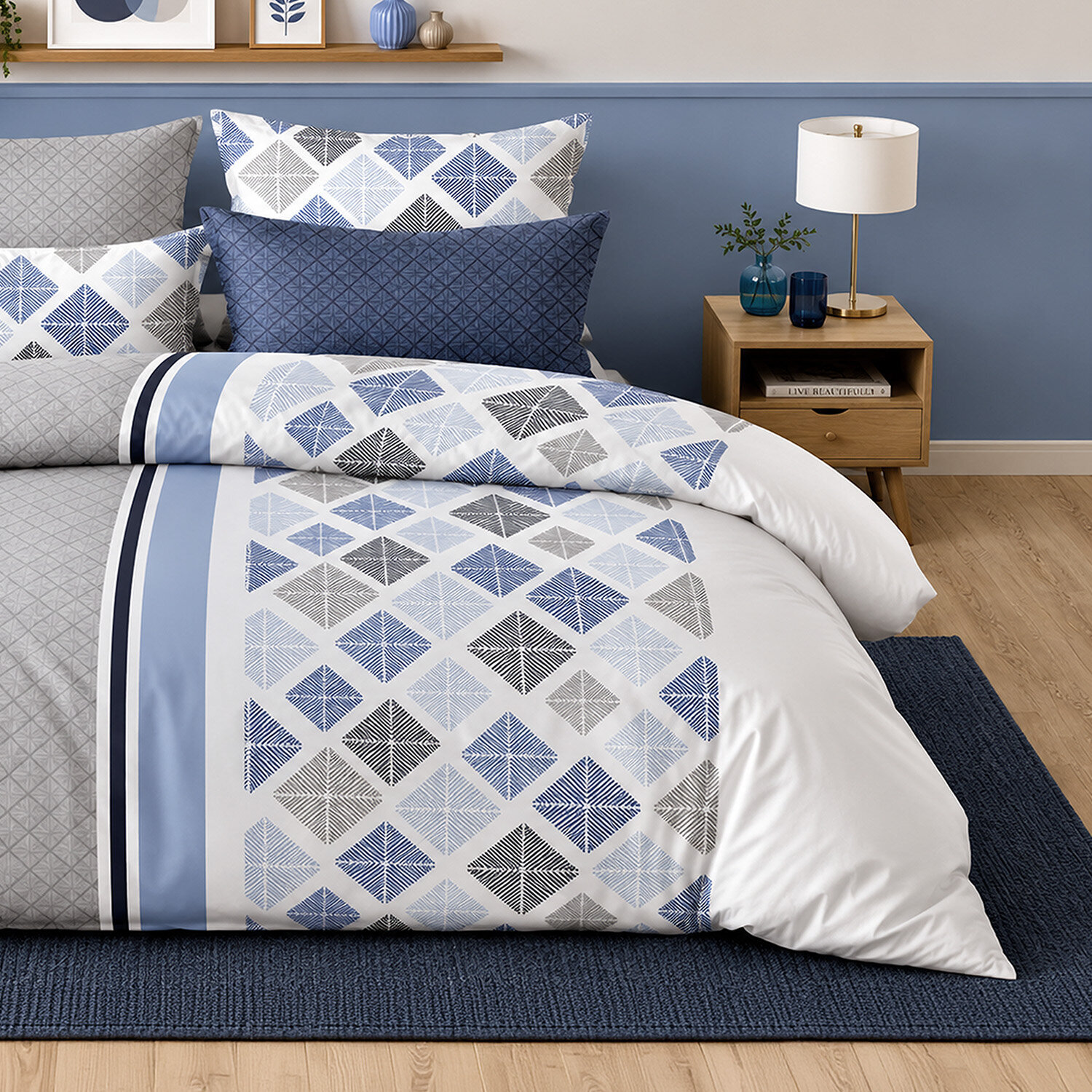 Parure housse de couette 100% percale de coton motif géométrique à losanges - BLUANCE