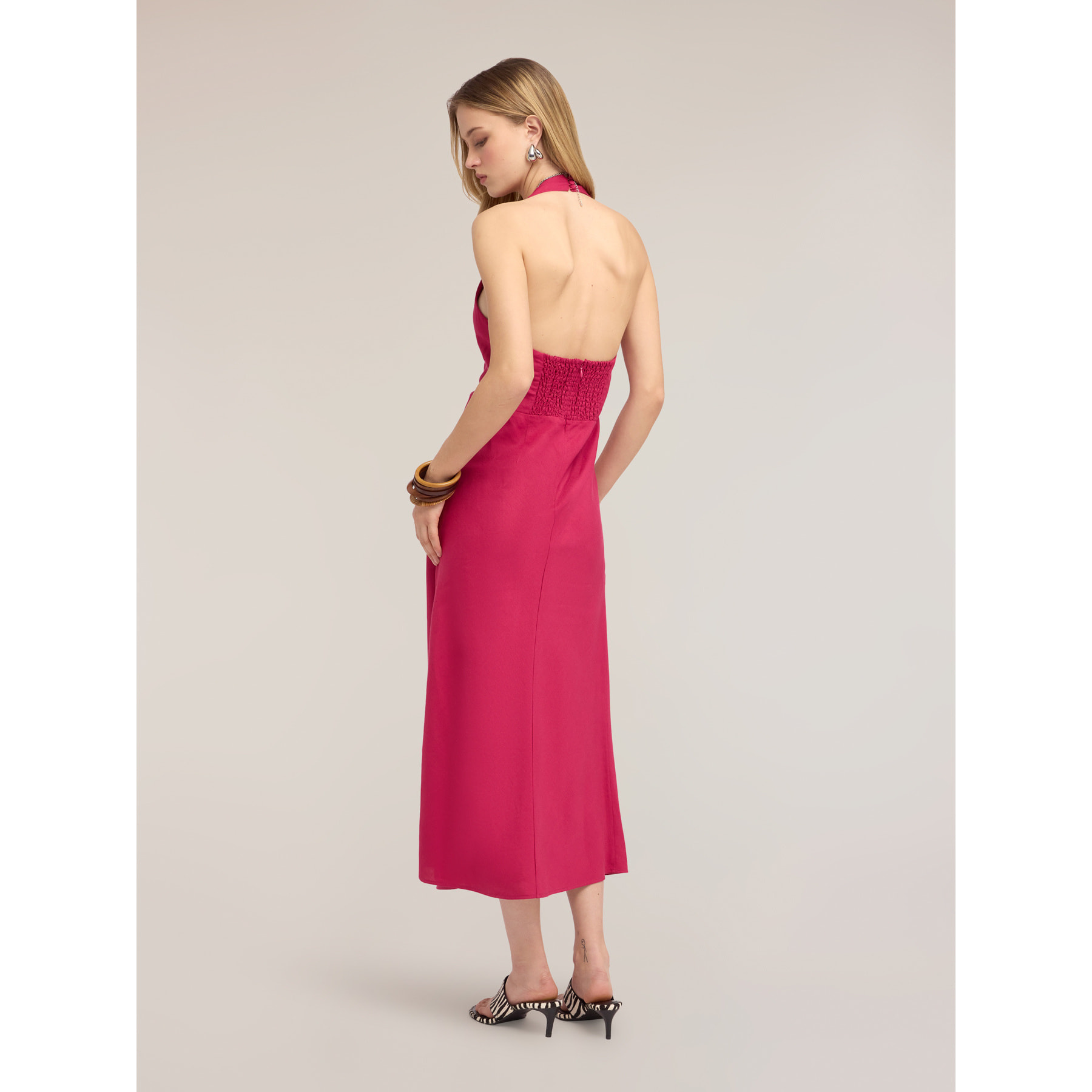 Motivi - Vestido largo en A de mezcla de lino - Fuchsia