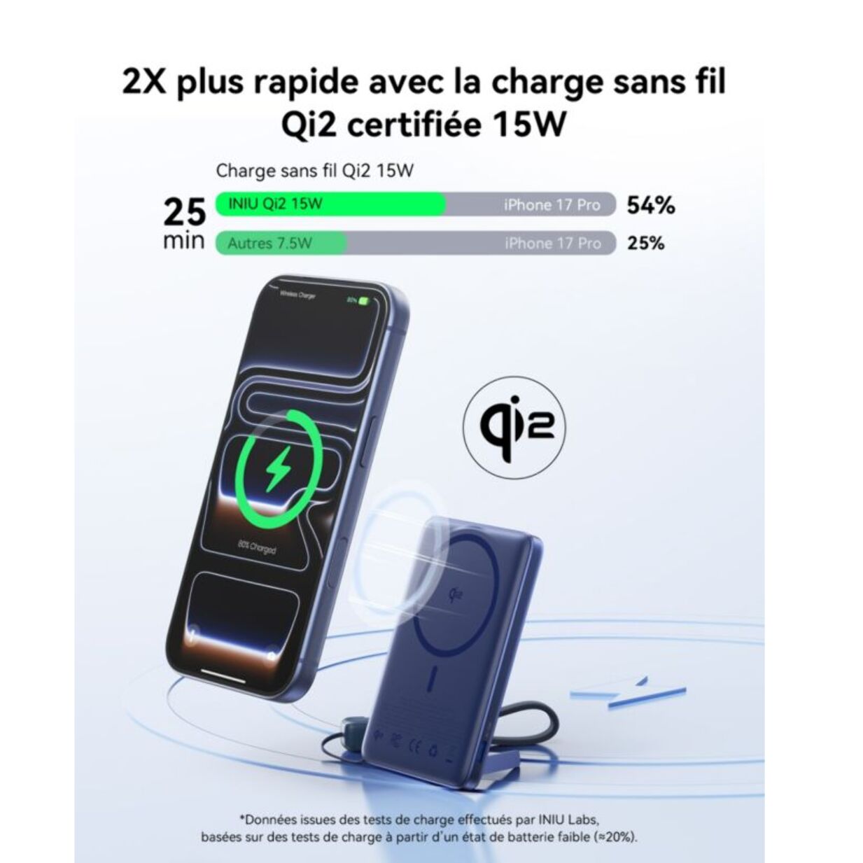 Batterie nomade INIU 5000 mAh magnet Qi2 MagPro slim bleu