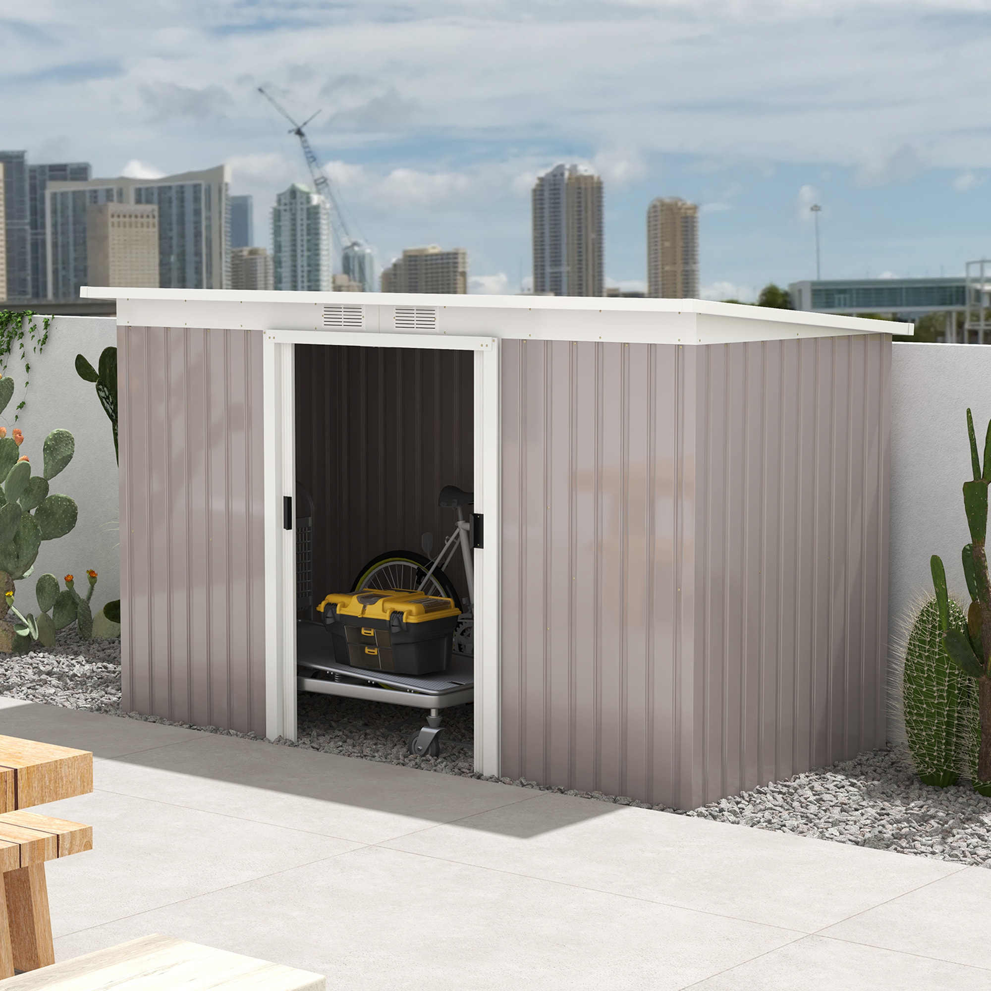 Caseta de Jardín Exterior 3,2 m² 280x130x172 cm Cobertizo de Jardín Exterior con Puerta Corredera Techo Inclinado Base Refuerzo (Suelo NO Incluido) y 2 Ventanas Gris Claro