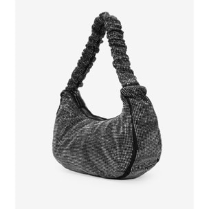 Bolso de hombro negro con brillantes y asa con pliegues