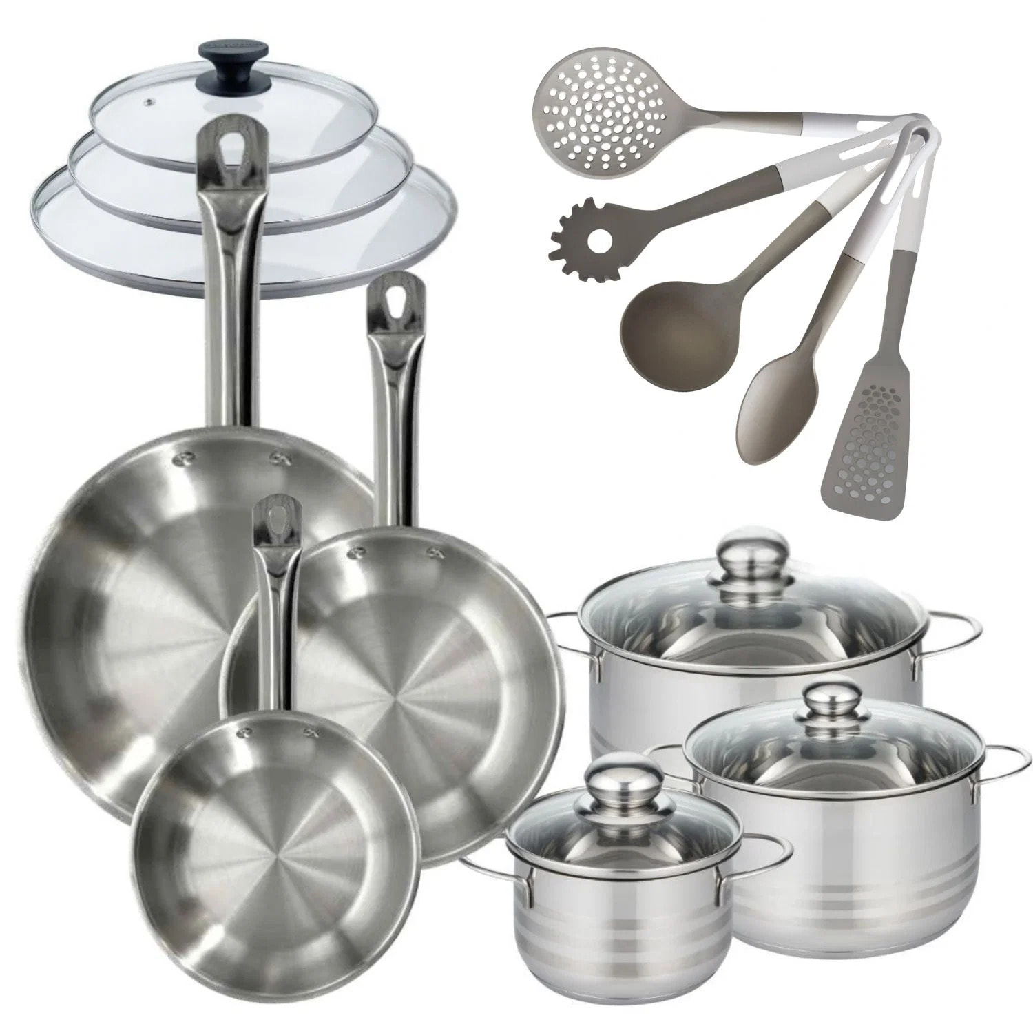 Batterie de cuisine avec 3 faitouts 16/20/24 cm et 3 poêles 20/24/28 cm avec 8 ustensiles de cuisine Fackelmann Etherna Brillant Vario avec couvercles