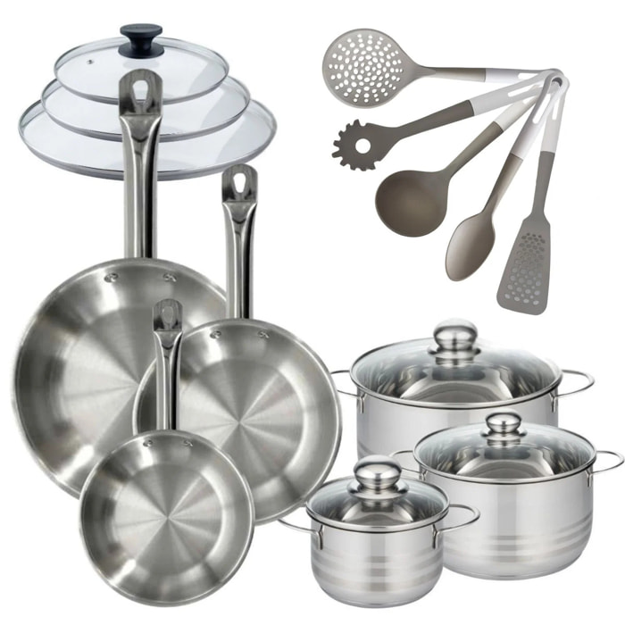 Batterie de cuisine avec 3 faitouts 16/20/24 cm et 3 poêles 20/24/28 cm avec 8 ustensiles de cuisine Fackelmann Etherna Brillant Vario avec couvercles