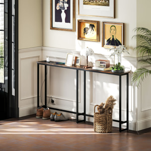 Mesa de Consola Estrecha 160 cm con Estación de Carga Consola de Recibidor Mesa de Sofá Marco de Acero Estilo Industrial para Pasillo Entrada Salón Dormitorio Marrón Rústico