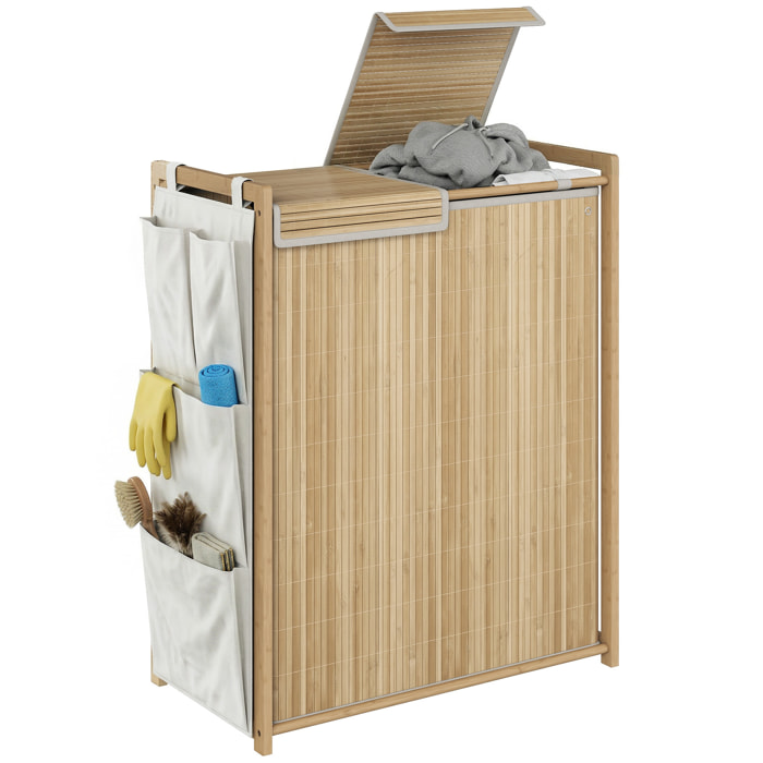 Cesto de Ropa Sucia con Tapa, 120L, Cesta Ropa Sucia de Bambú con 2 Compartimentos, Bolsas con Cordón Extraíbles y Lavables, Bolsillos Laterales, para Lavandería, 63x33x78 cm, Natural