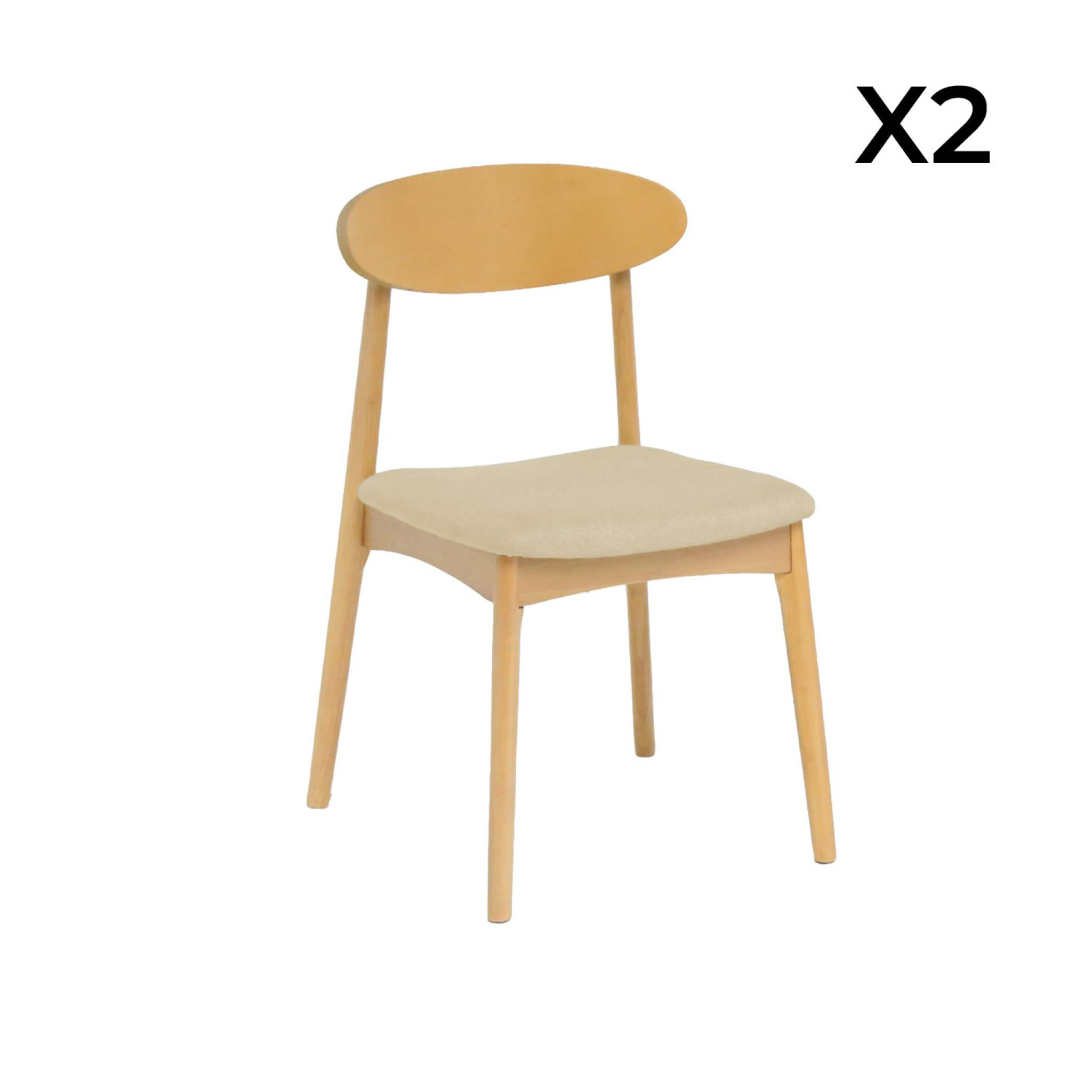 Chaise vintage bois d'hévéa naturel et tissu (lot de 2) ARIA