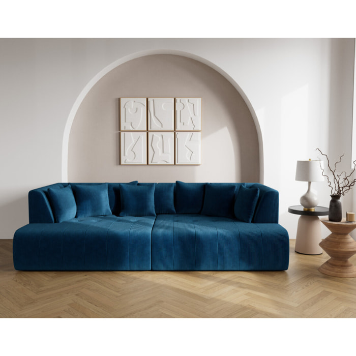 Onyx - canapé droit 4 places avec double méridienne - assise profonde - en velours côtelé - Bleu