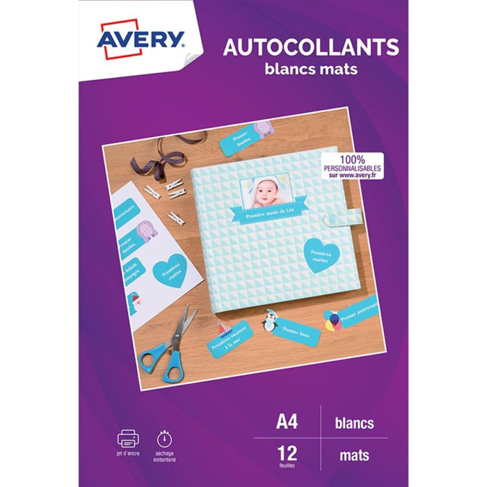 Papier créatif AVERY 12 Autocollants 19.96x28.91cm mates