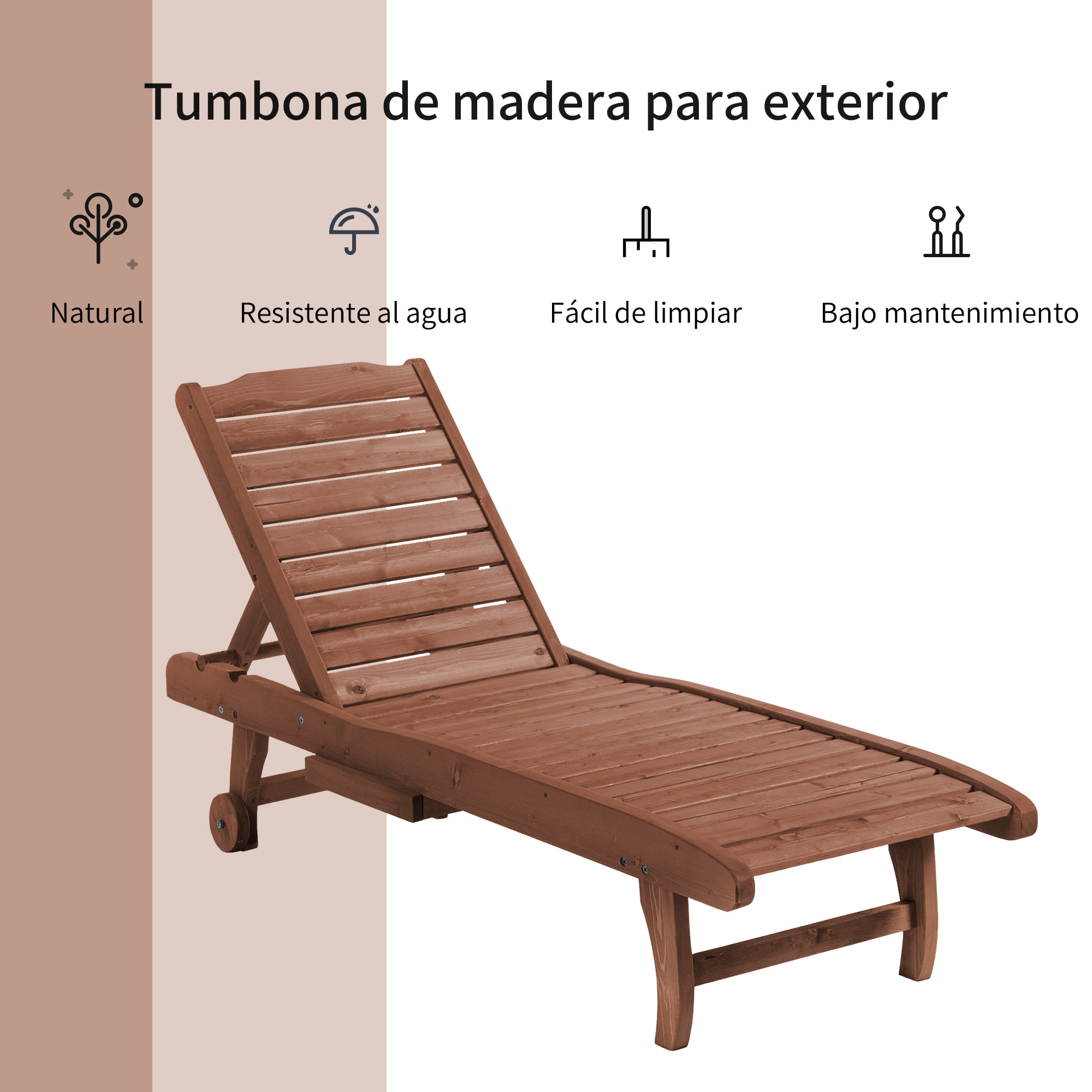 Tumbona de Madera Exterior Silla Reclinable de Jardín con 2 Ruedas Respaldo Ajustable en 3 Niveles y 1 Bandeja Carga 113 kg para Terraza Patio Natural